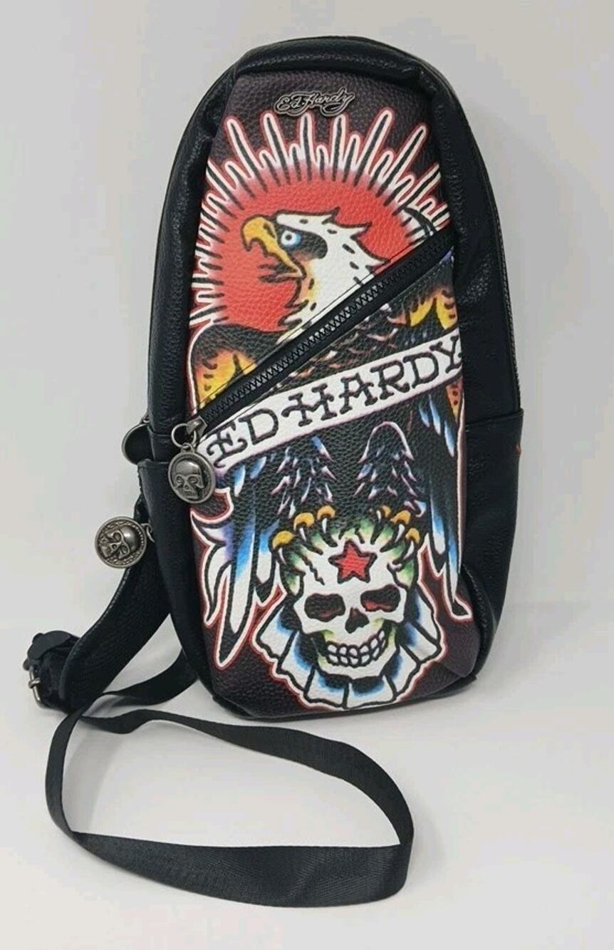 Ed Hardy Black Eagle Skull Sling Bag Crossbody Backpack Y2K Steetwear Tatoo Art